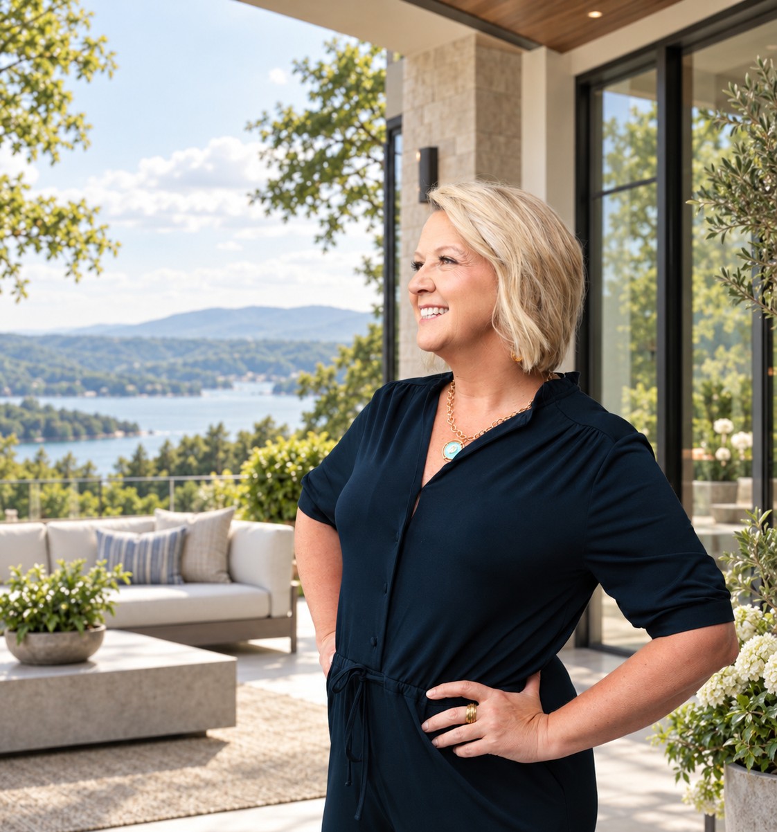 D. LeD smiling on a terrace overlooking the lake and mountains